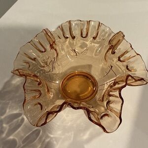 Vintage Amber Ruffled Glass Decorative Bowl - Home Art